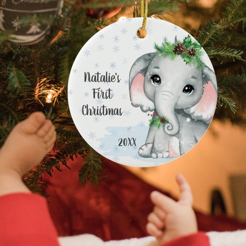 Cute Elephant Baby First Christmas Girl Name Ceramic Ornament