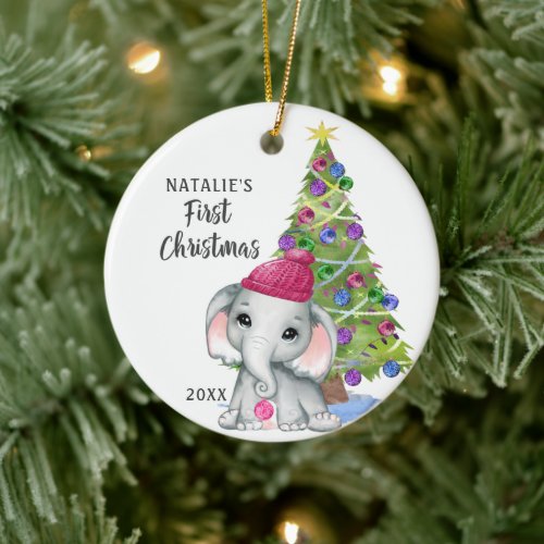 Cute Elephant Baby First Christmas Girl Photo Ceramic Ornament