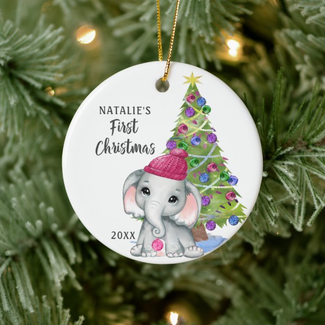 Cute Elephant Baby First Christmas Girl Photo Ceramic Ornament (Tree)
