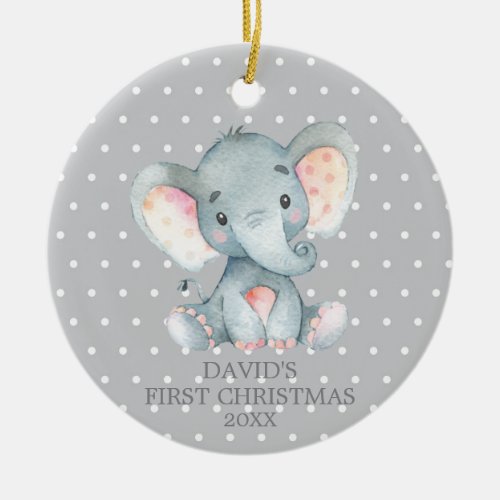 Cute Elephant Baby First Christmas Gray Ceramic Ornament