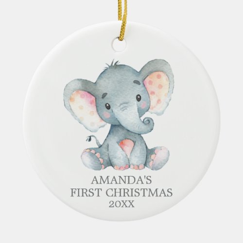 Cute Elephant Baby First Christmas Gray Ceramic Ornament