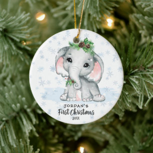 Cute Elephant Baby First Christmas Photo Name Ceramic Ornament