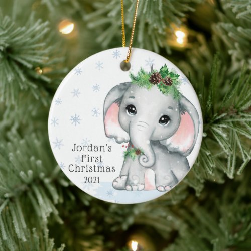 Cute Elephant Baby First Christmas Snowflake Name Ceramic Ornament