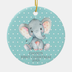 Cute Elephant Baby First Christmas Teal and Gray Ceramic Ornament