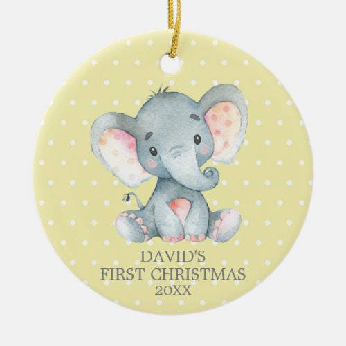 Cute Elephant Baby First Christmas Yellow and Gray Ceramic Ornament