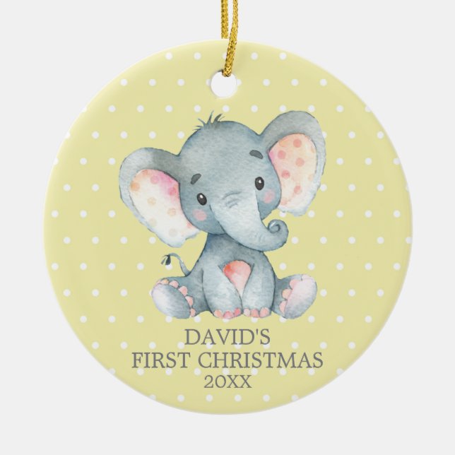 Cute Elephant Baby First Christmas Yellow and Gray Ceramic Ornament (Front)