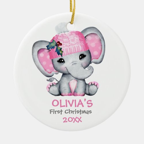 Cute Elephant Baby Girl Babys First Christmas Ceramic Ornament