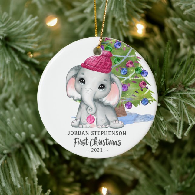 Cute Elephant Baby Girl First Christmas Photo Cera Ceramic Ornament (Tree)