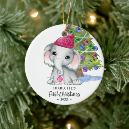 Cute Elephant Baby Girl First Christmas Photo Ceramic Ornament