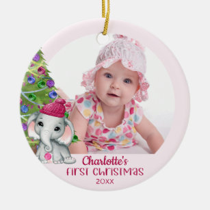 Cute Elephant Baby Girl First Christmas Photo Pink Ceramic Ornament