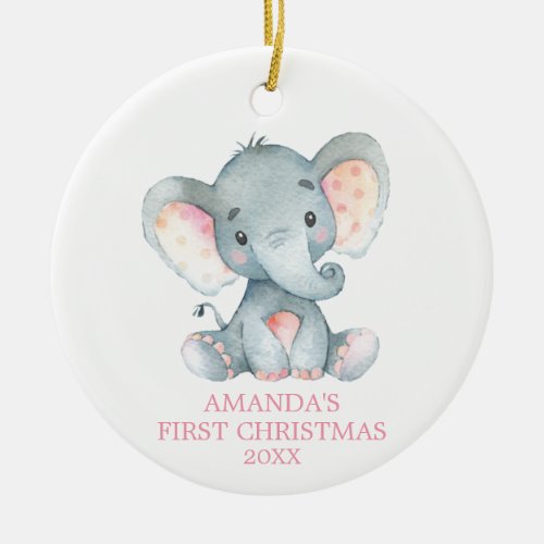 Cute Elephant Baby Girl First Christmas Pink Ceramic Ornament