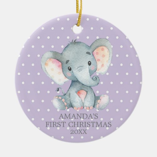 Cute Elephant Baby Girl First Christmas Purple Ceramic Ornament