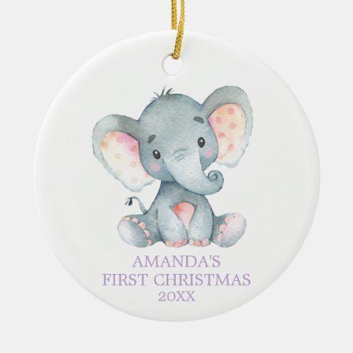 Cute Elephant Baby Girl First Christmas Purple Ceramic Ornament