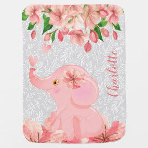 Cute Elephant Baby Girl Floral Custom Name Blanket