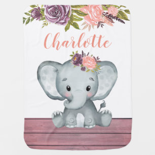 Cute Elephant Baby Girl Floral Custom Name Wood Blanket