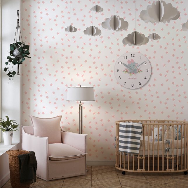 Cute Elephant Baby Girl Monogram Round Clock (Creator Uploaded)