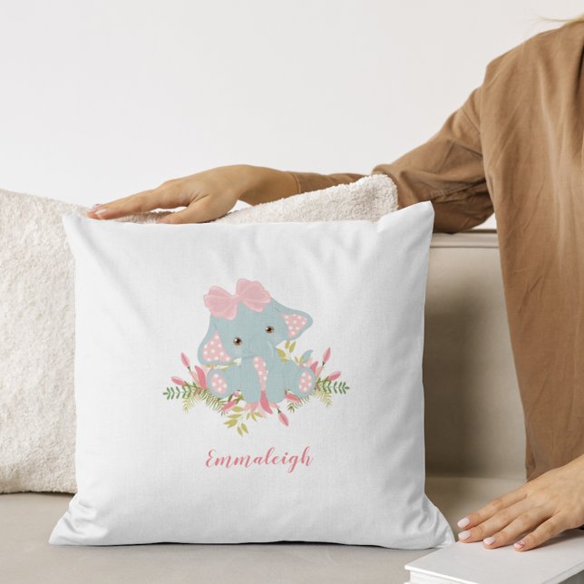 Cute Elephant Baby Girl Monogram Throw Pillow (Creator Uploaded)