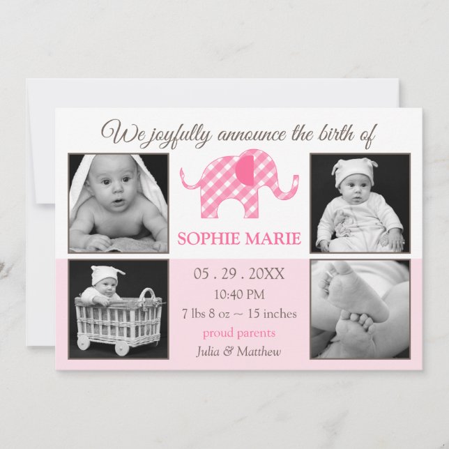 Cute Elephant Baby Girl Photo Birth Announcement (Front)