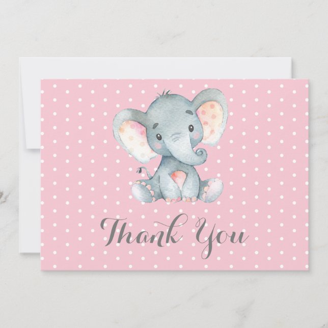 Cute Elephant Baby Girl Pink and Gray Thank You Card (Front)