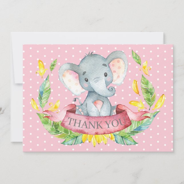 Cute Elephant Baby Girl Pink and Gray Thank You Card (Front)