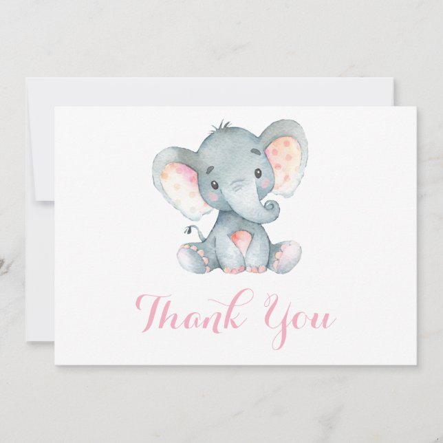 Cute Elephant Baby Girl Pink and Gray Thank You Card (Front)