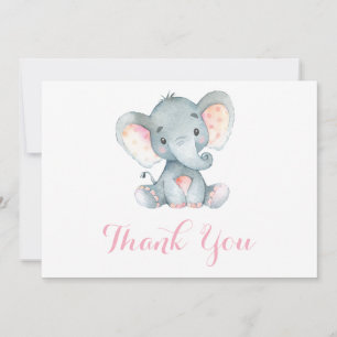 Cute Elephant Baby Girl Pink and Gray Thank You Card