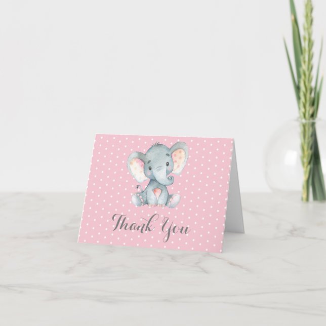 Cute Elephant Baby Girl Pink and Gray Thank You Card (Front)