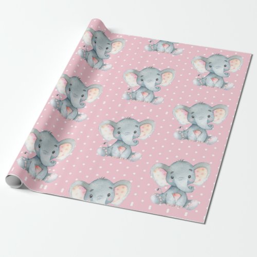 Cute Elephant Baby Girl Pink and Gray Wrapping Paper