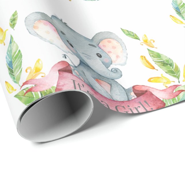 Cute Elephant Baby Girl Pink and Gray Wrapping Paper (Roll Corner)