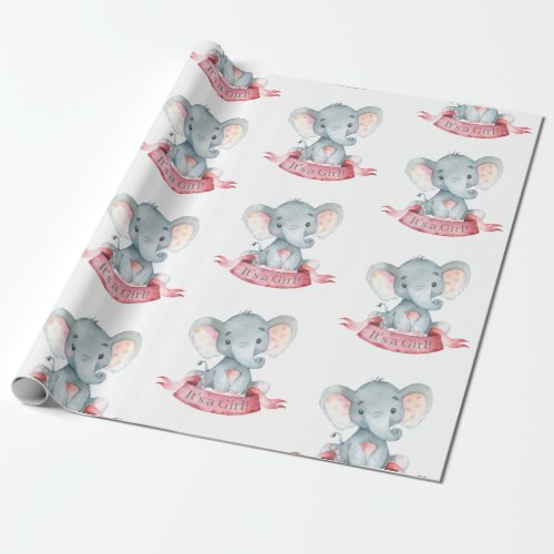 Cute Elephant Baby Girl Pink and Gray Wrapping Paper