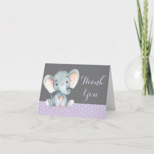 Cute Elephant Baby Girl Purple and Gray Thank You Card
