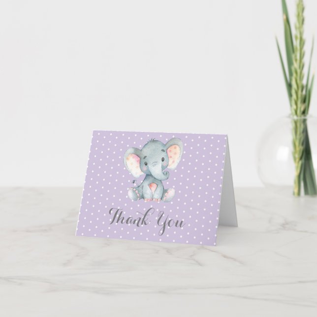 Cute Elephant Baby Girl Purple and Gray Thank You Card (Front)