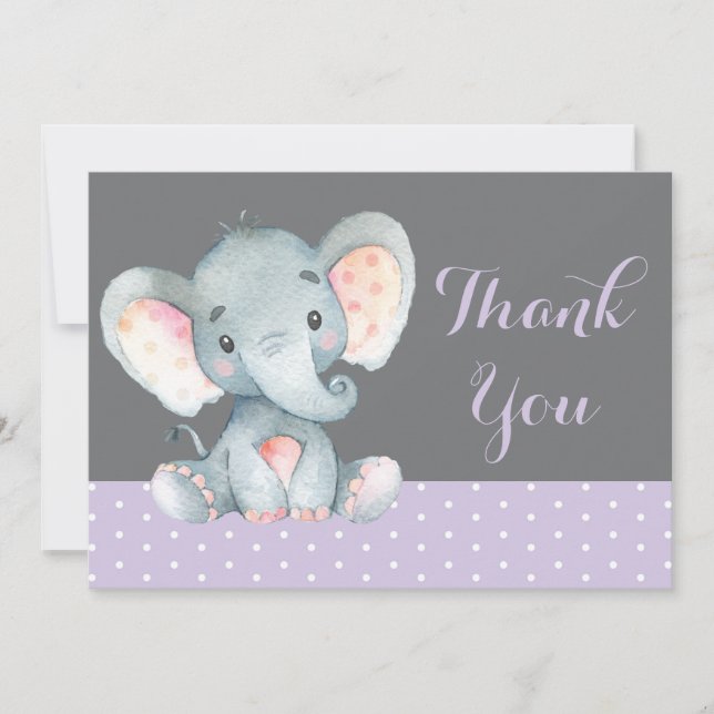Cute Elephant Baby Girl Purple and Gray Thank You Card (Front)