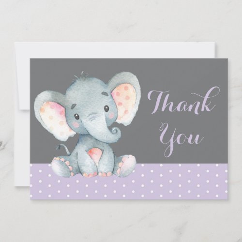 Cute Elephant Baby Girl Purple and Gray Thank You Card