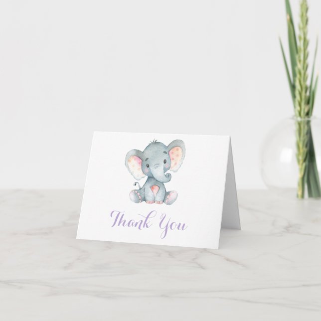 Cute Elephant Baby Girl Purple and Gray Thank You Card (Front)