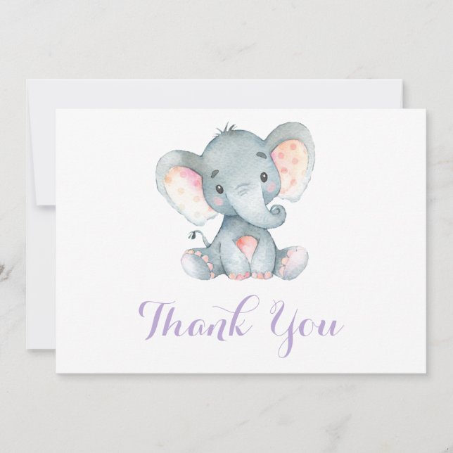 Cute Elephant Baby Girl Purple and Gray Thank You Card (Front)