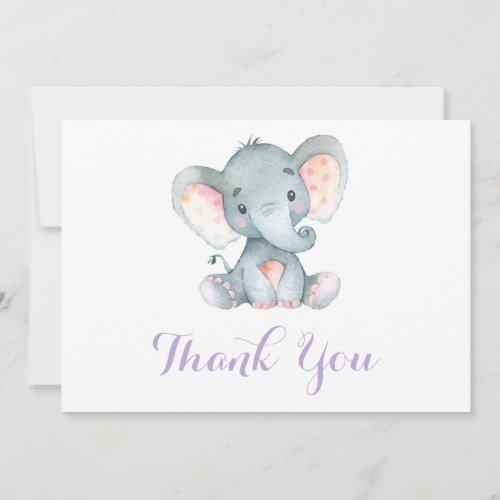 Cute Elephant Baby Girl Purple and Gray Thank You Card