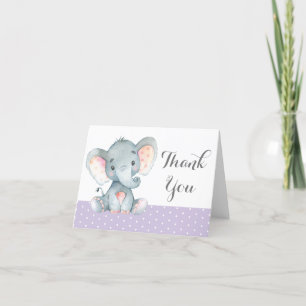 Cute Elephant Baby Girl Purple and Gray Thank You Card