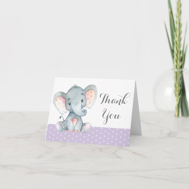 Cute Elephant Baby Girl Purple and Gray Thank You Card (Front)