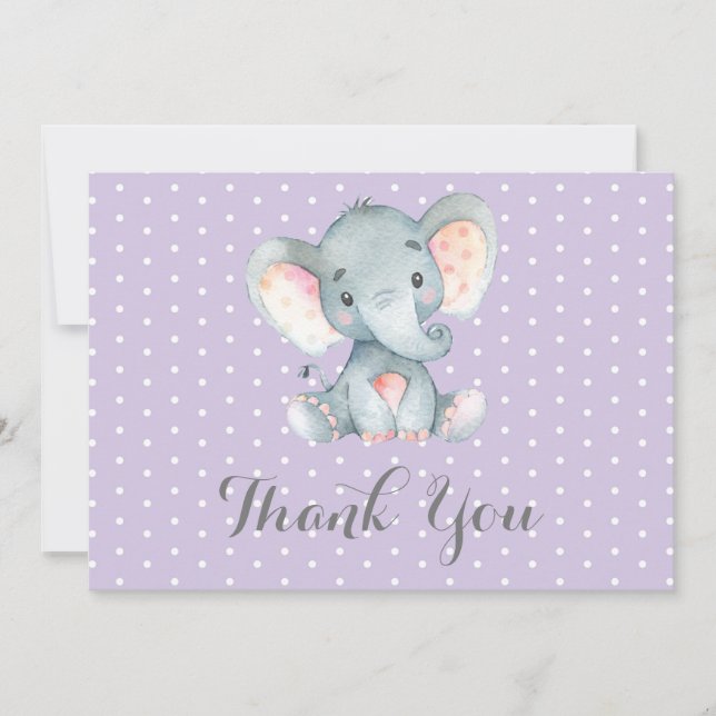 Cute Elephant Baby Girl Purple and Gray Thank You Card (Front)