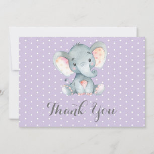 Cute Elephant Baby Girl Purple and Gray Thank You Card