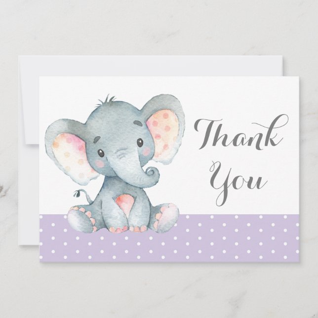 Cute Elephant Baby Girl Purple and Gray Thank You Card (Front)
