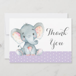 Cute Elephant Baby Girl Purple and Gray Thank You Card