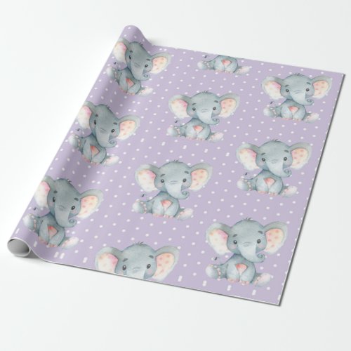 Cute Elephant Baby Girl Purple and Gray Wrapping Paper