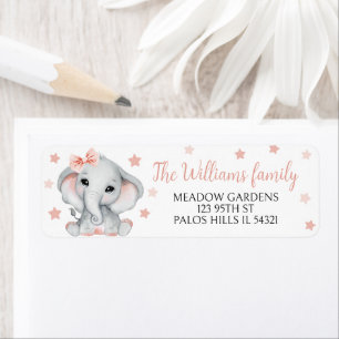Cute elephant baby girl shower return address label
