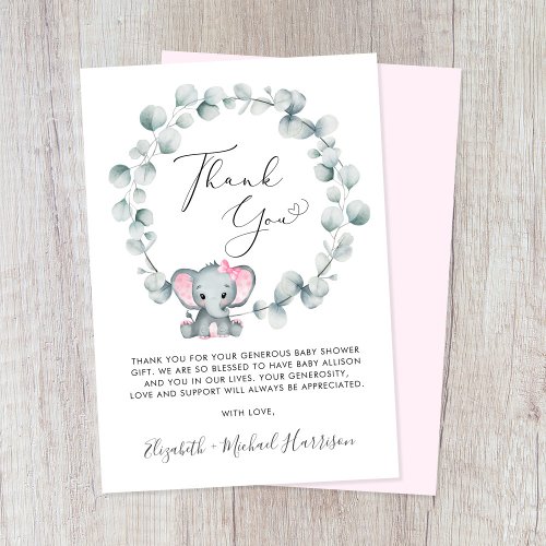 Cute Elephant Baby Girl Shower Thank You Card