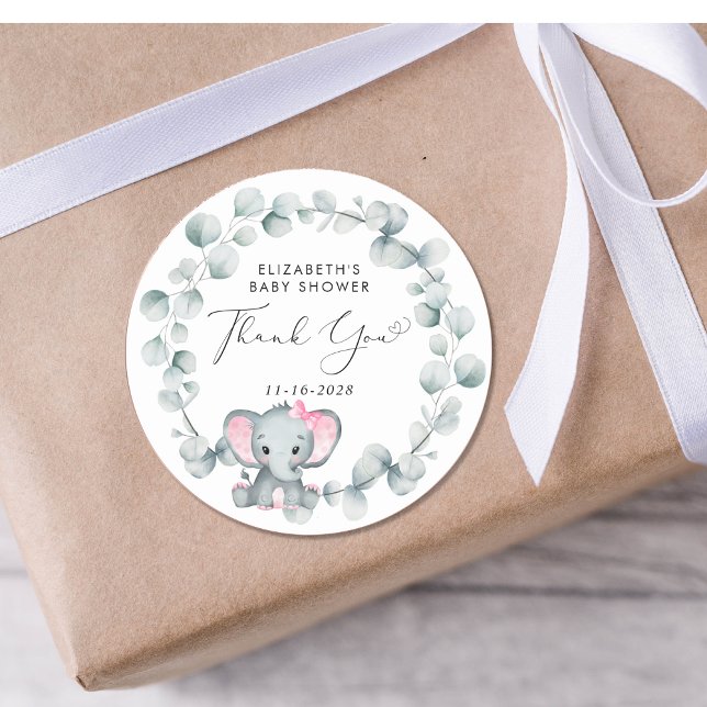 Cute Elephant Baby Girl Shower Thank You Classic Round Sticker (Creator Uploaded)