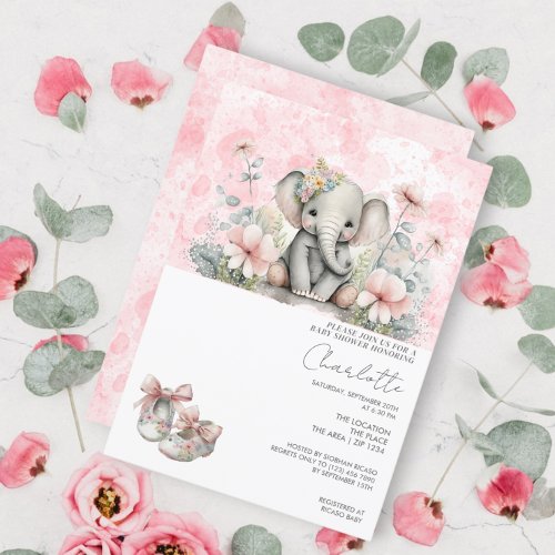 Cute Elephant Baby Girl With Flowers Baby Shower Invitation