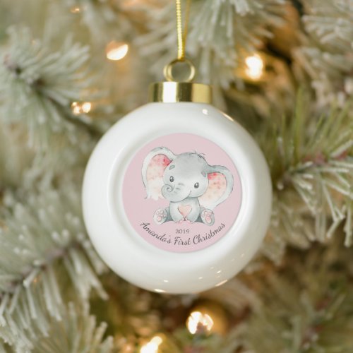 Cute Elephant Baby Girls First Christmas Ceramic Ball Christmas Ornament