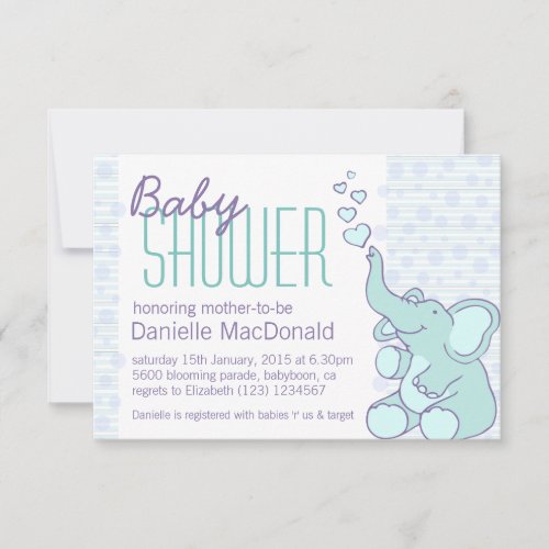 Cute Elephant baby shower aqua blue invitation